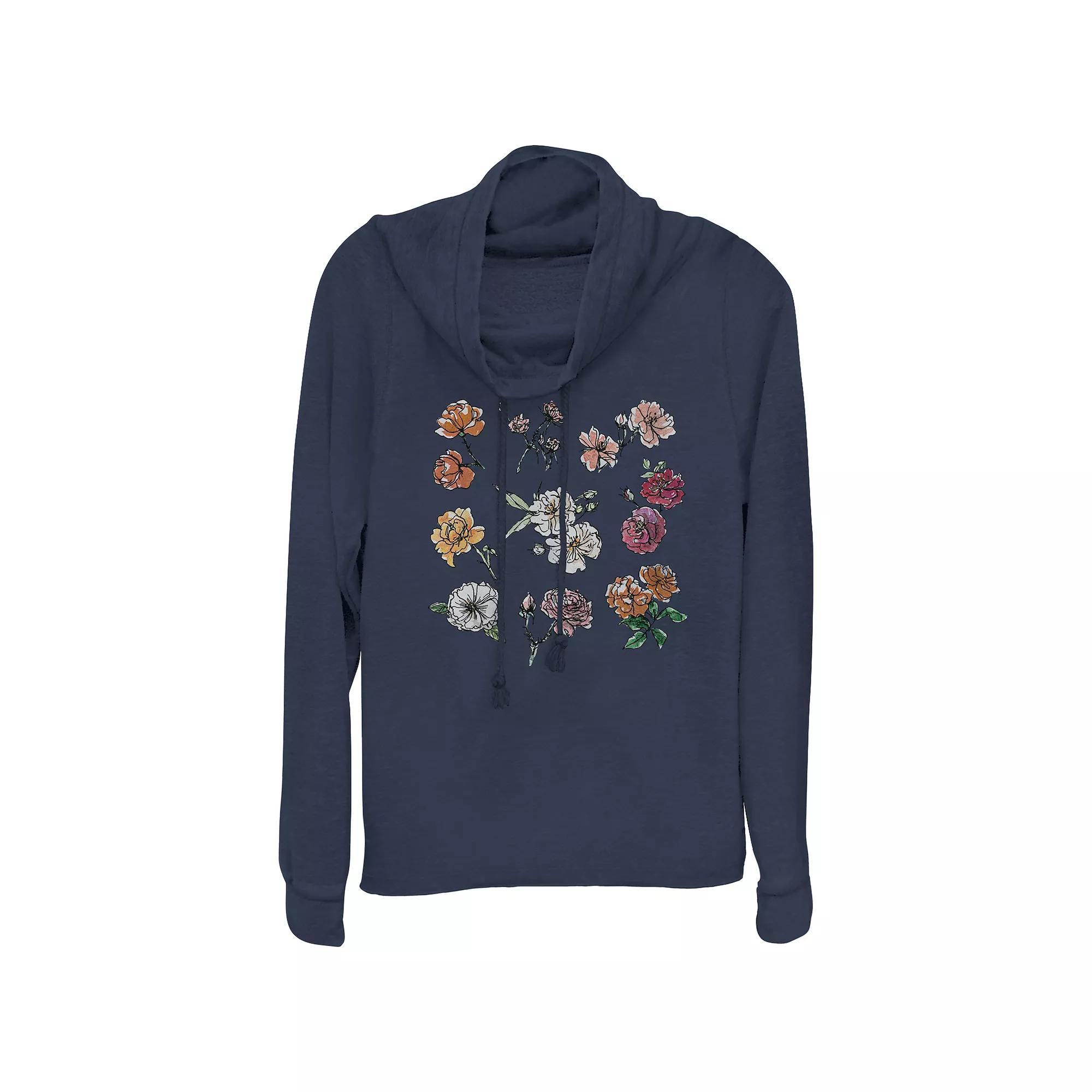 Women's Flowers Watercolor Painting Cowlneck Graphic Lightweight Long Sleeve, Girl's, Size: Large, Blue Product Image