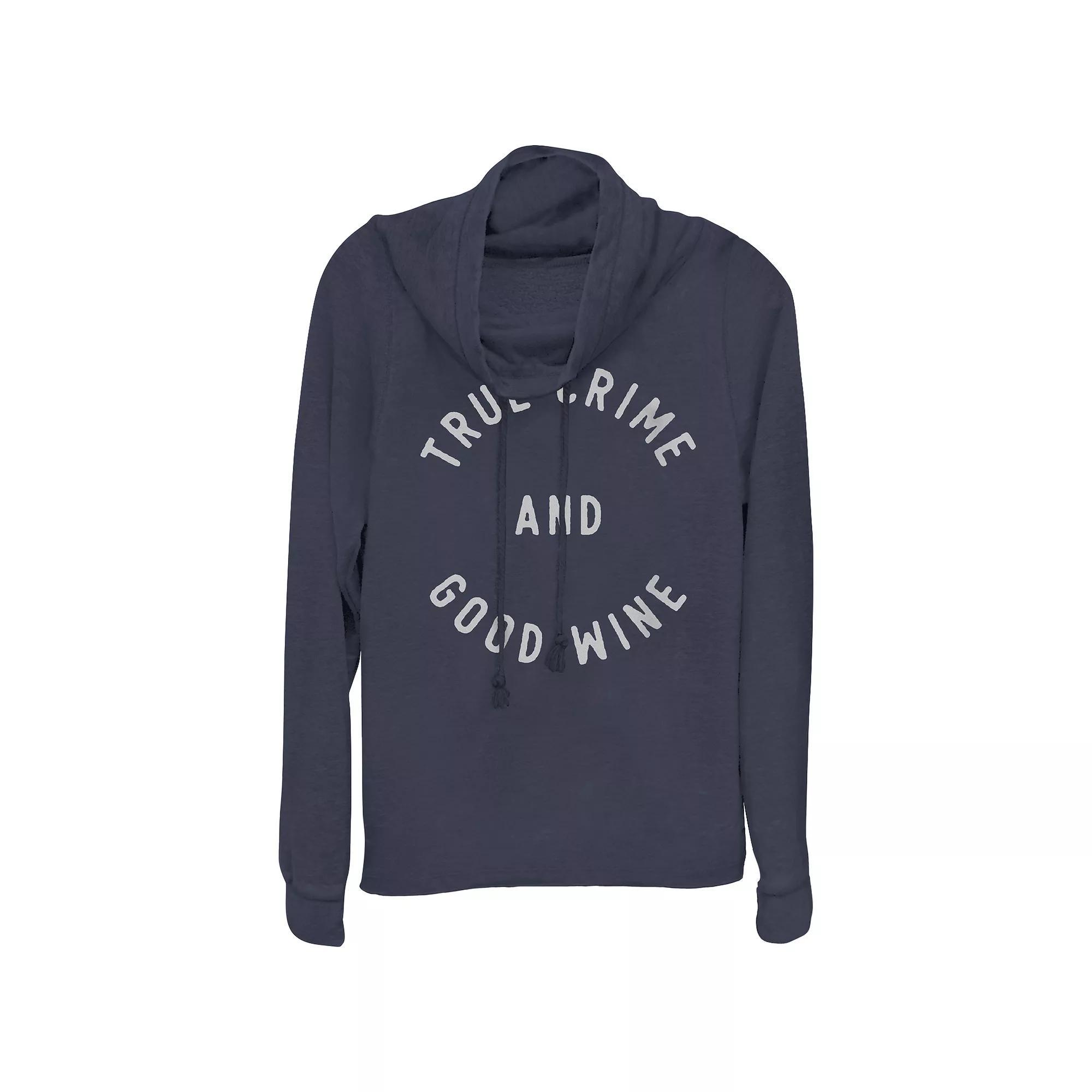 Women's Plus True Crime And Good Wine Cowlneck Graphic Lightweight Long Sleeve, Size: 2XL, Blue Product Image