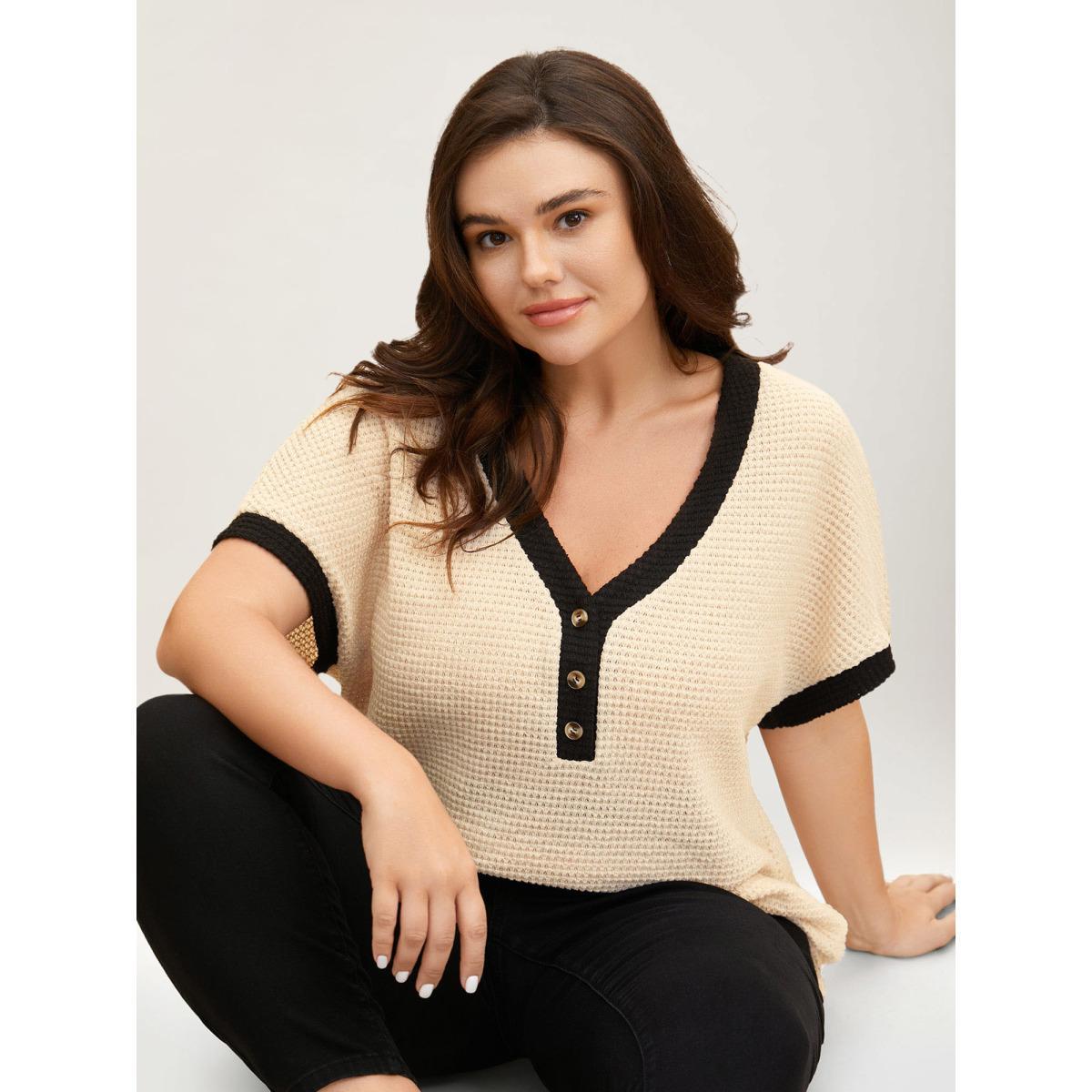 Plus Size V Neck Contrast Button Detail Knit T-shirt Apricot Women Casual Texture V-neck Everyday T-shirts BloomChic 26/4X Product Image