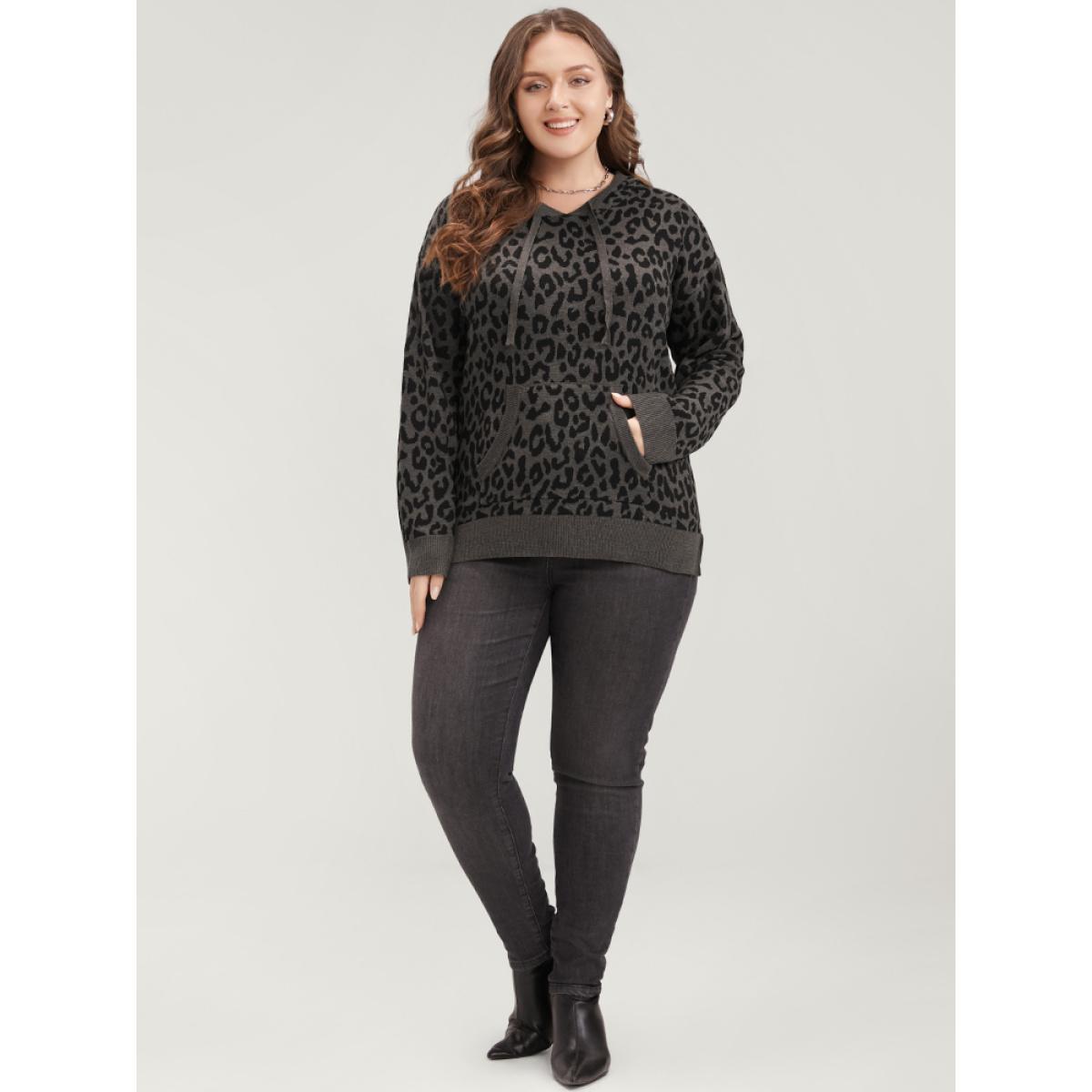 Plus Size Leopard Contrast Pointelle Knit Pocket Drawstring Hooded Knit Top DimGray Women Casual Long Sleeve Hooded Dailywear Pullovers BloomChic 22-24/3X Product Image