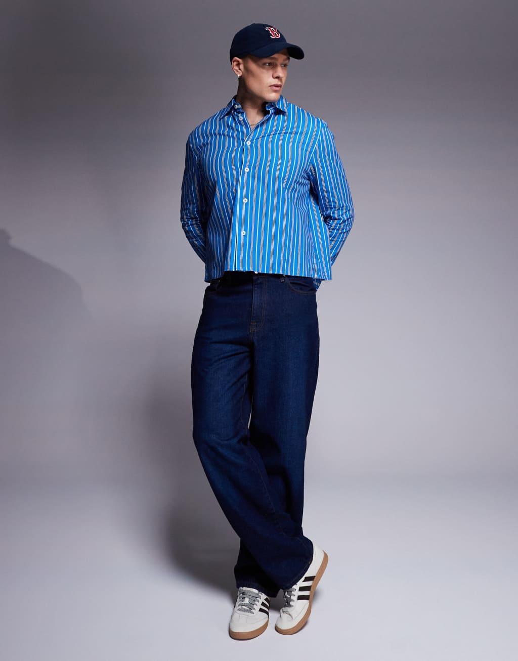 ASOS DESIGN oversized boxy shirt in blue stripe Product Image