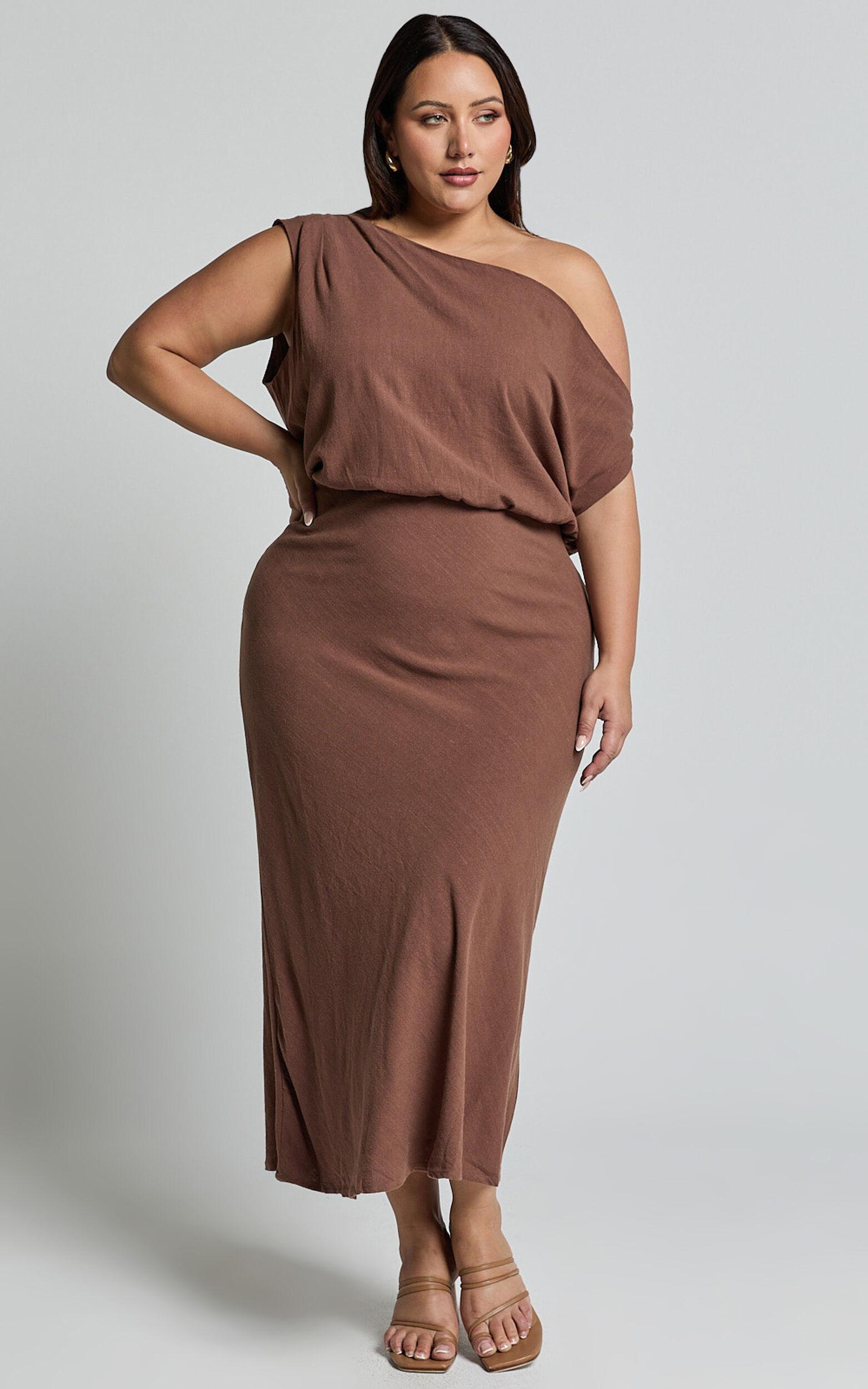 Jacqueline Midi Dress - Linen Look One Shoulder Dress in Chocolate Product Image