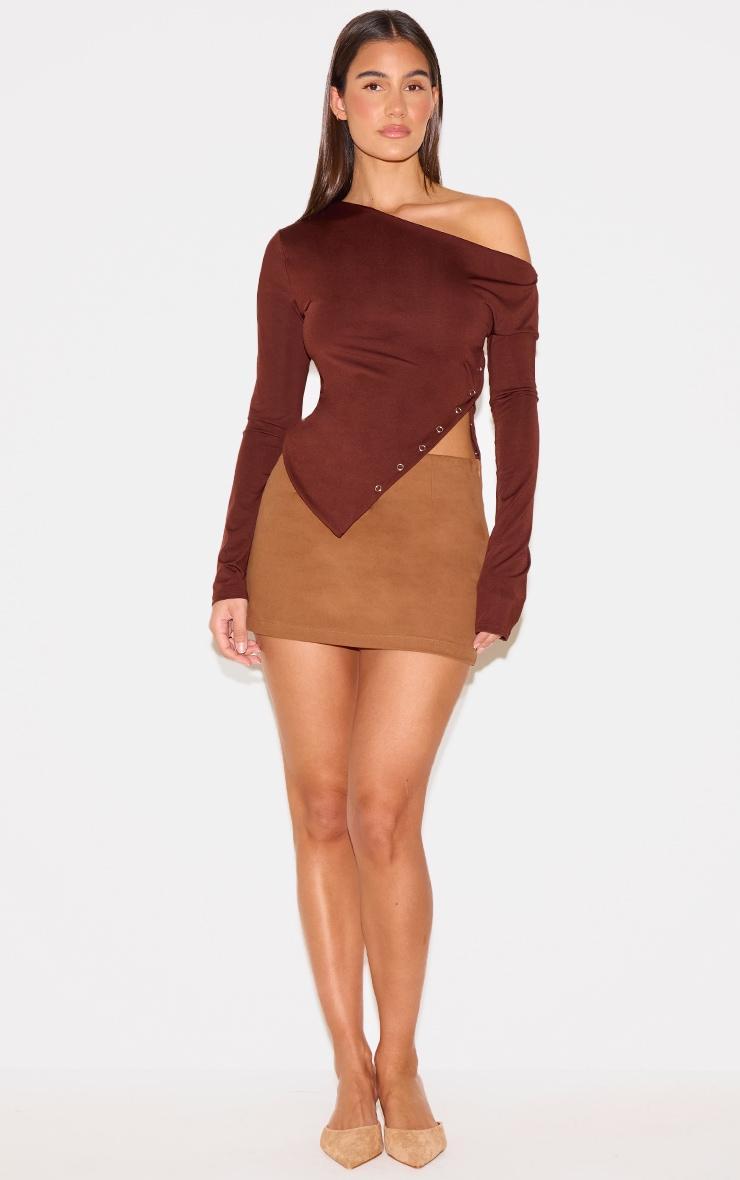 Chocolate Slinky Popper Detail Asymmetric Neck Long Sleeve Top Product Image
