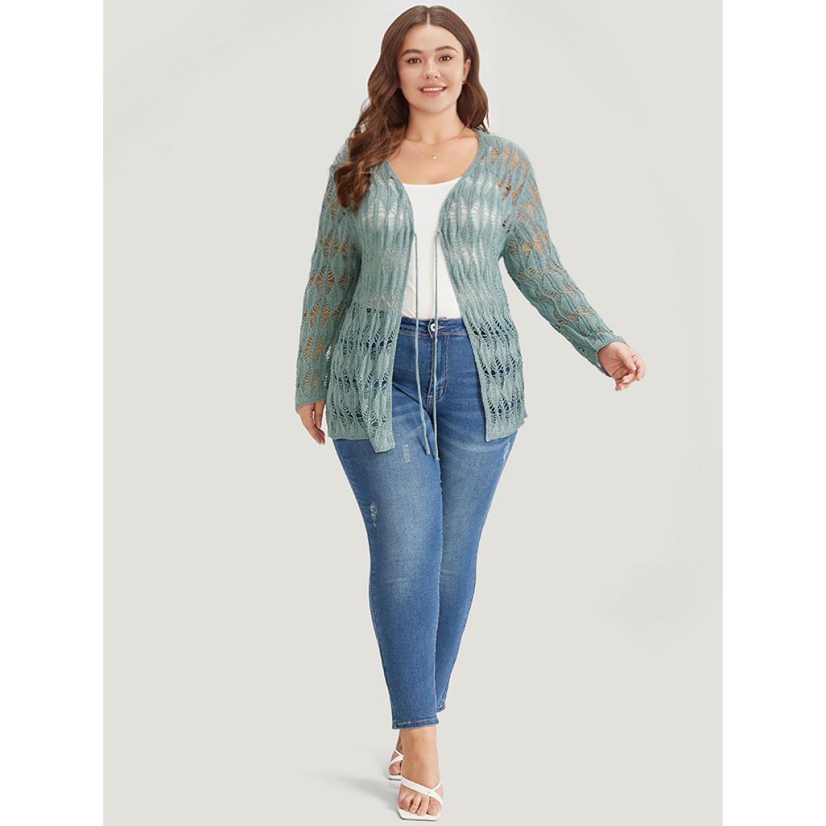 Plus Size Solid Tie Front Hollow Out Cardigan Stone Women Casual Loose Long Sleeve Everyday Cardigans BloomChic 26/4X Product Image