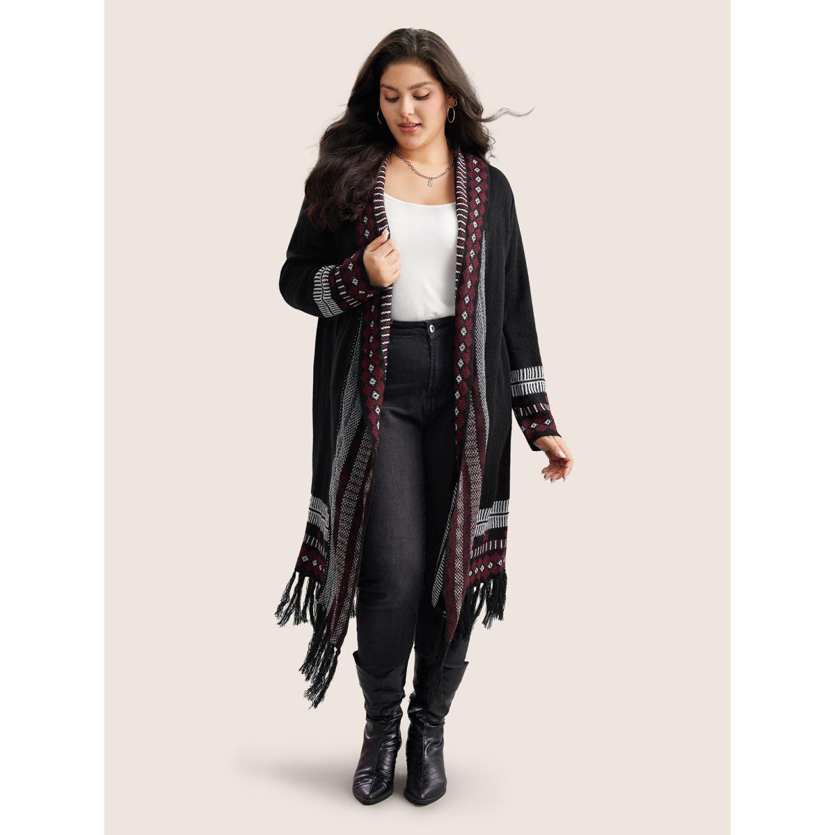 Plus Size Bandana Print Fringe Trim Maxi Cardigan Burgundy Women Casual Long Sleeve Everyday Cardigans BloomChic 10/M Product Image