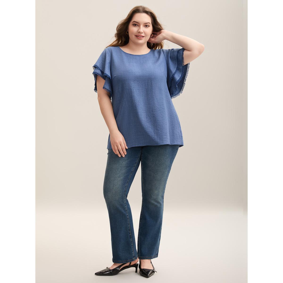 Plus Size Stone Textured Layered Ruffle Sleeve Lace Blouse Women Elegant Short sleeve Round Neck Everyday-Elegant Blouses BloomChic 10/M Product Image