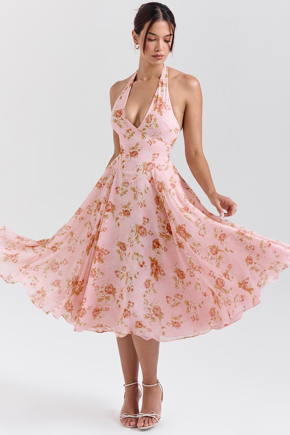 Solada English Vintage Rose Print Georgette Halter Sundress Product Image