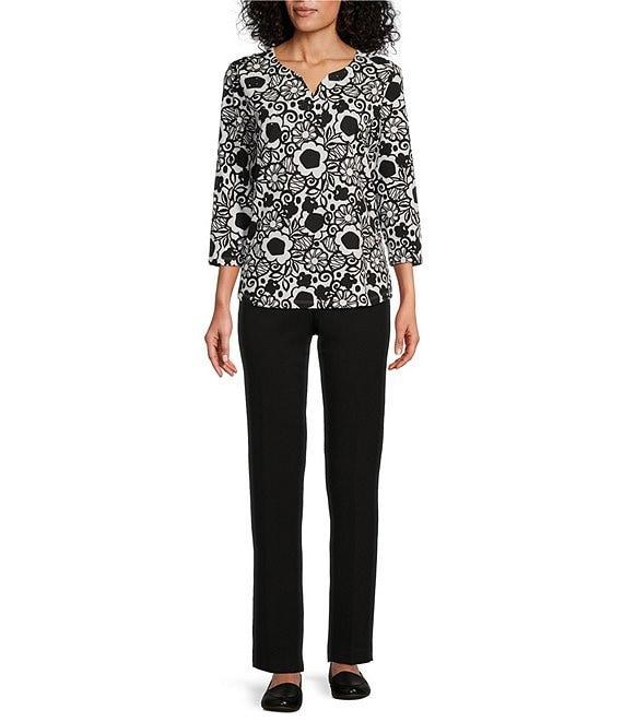 Allison Daley Embellished Graphic Floral Print 3/4 Sleeve Split Round Neck Knit Top Product Image