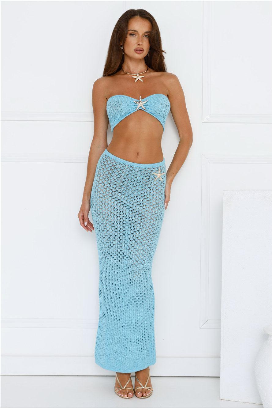 Moonlit Shores Strapless Crochet Crop Top Aqua Product Image