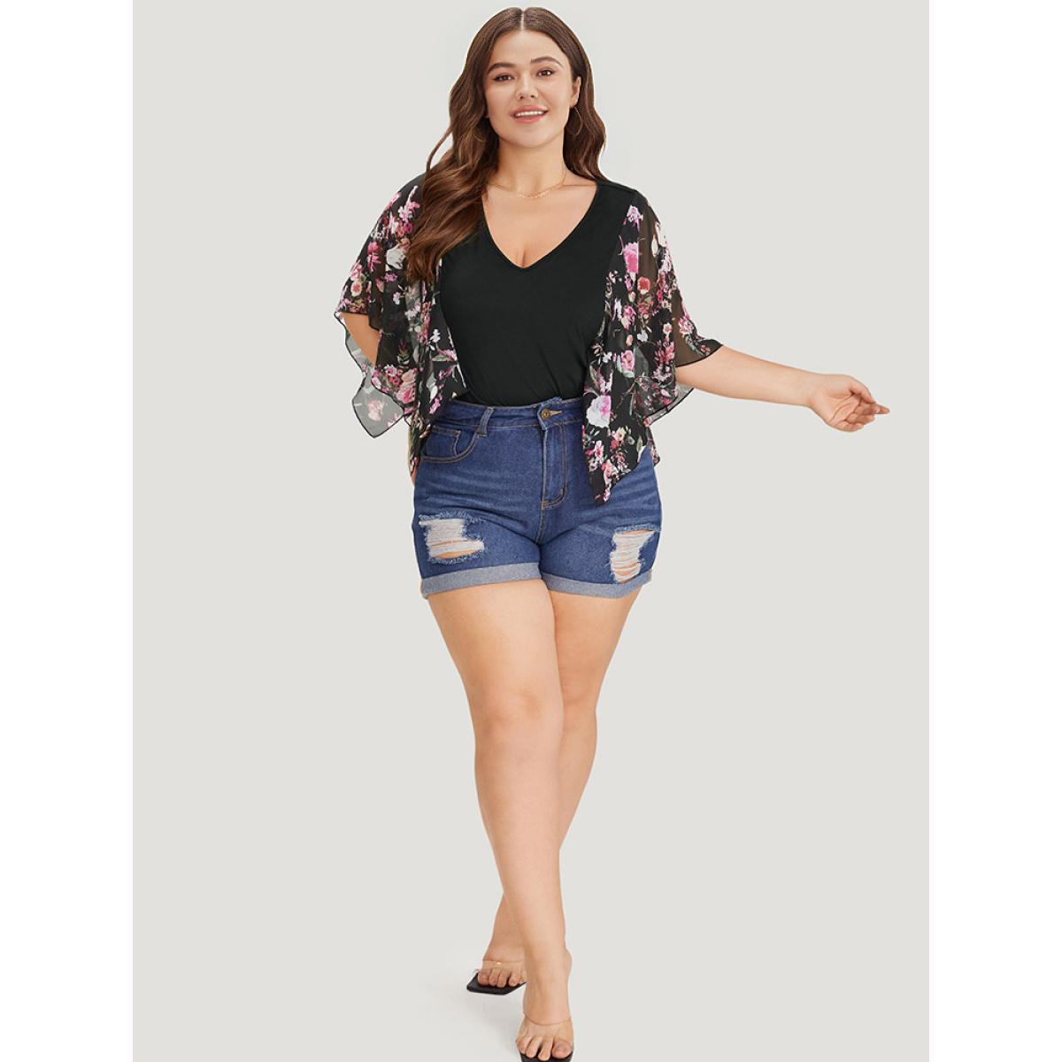Plus Size Floral Print Patchwork Mesh Asymmetrical Sleeve Bodysuit Women Black Ditsy Floral Printed Bodysuits BloomChic 18-20/2X Product Image