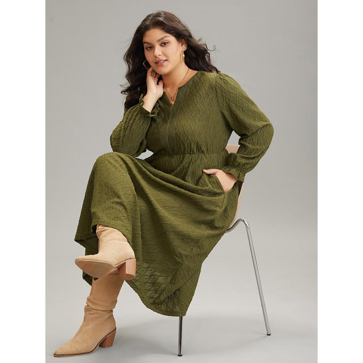Plus Size Textured Jacquard Notched Ruffle Sleeve Dress ArmyGreen Women At the Office Texture Notched collar Long Sleeve Curvy Midi Dress BloomChic 26/4X Product Image