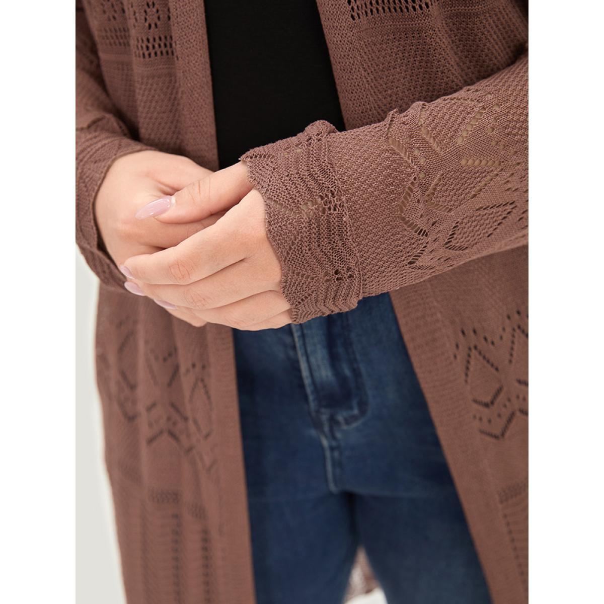 Plus Size Geometric Eyelet Open Front Maxi Cardigan Rust Women Casual Loose Long Sleeve Everyday Cardigans BloomChic 14-16/1X Product Image