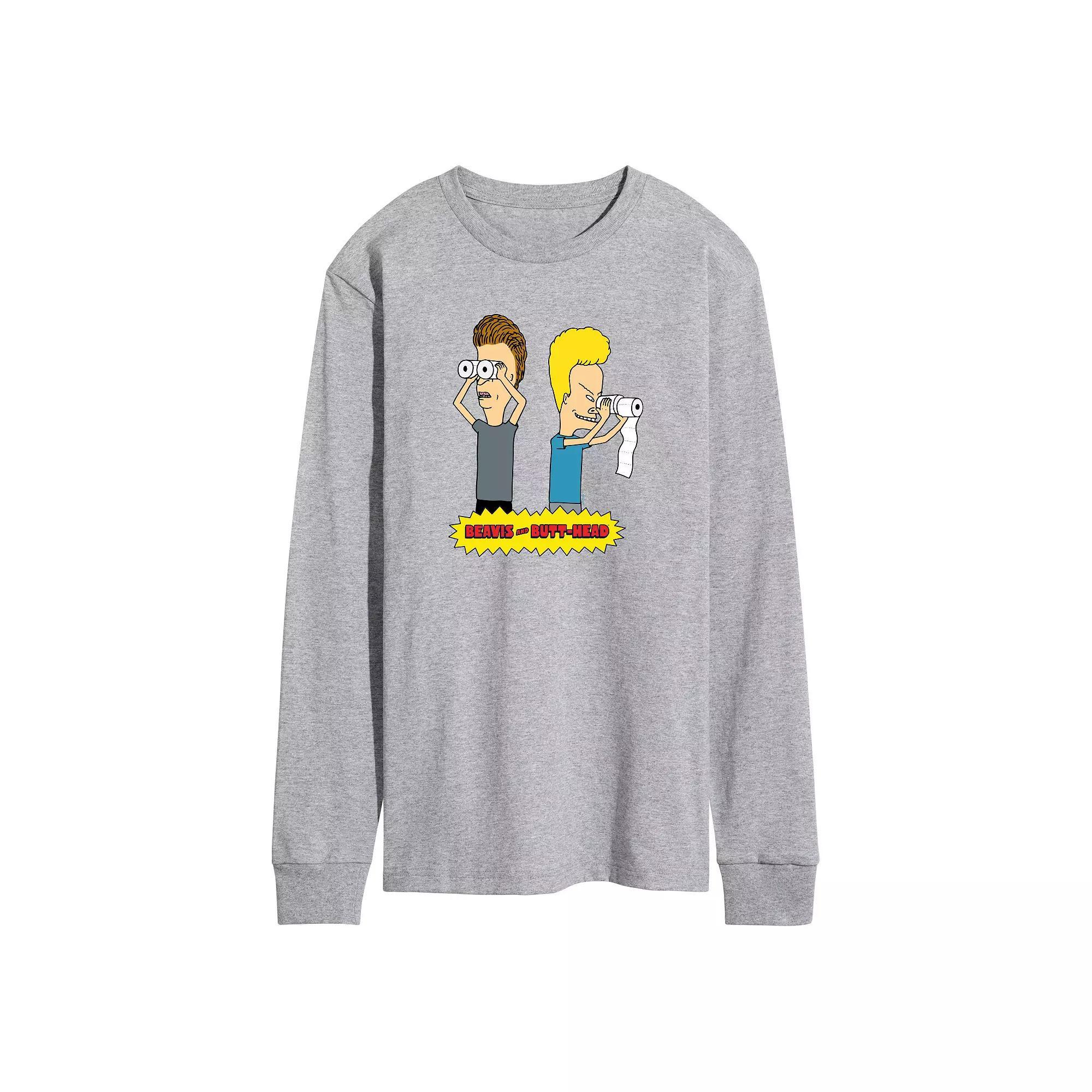 Mens Beavis & Butthead Toilet Paper Long Sleeve Graphic Tee Grey Gray Product Image
