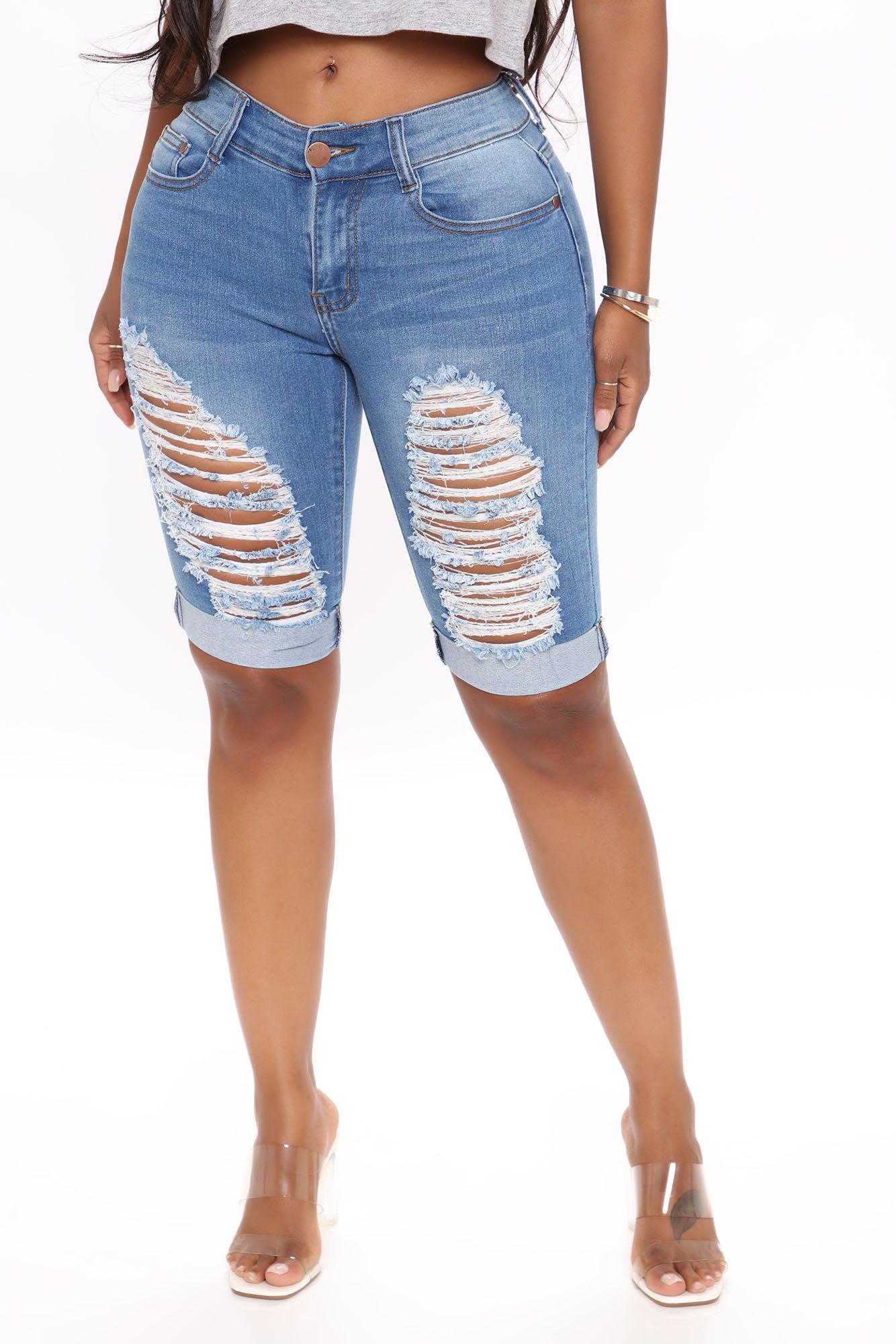 Beachside Babe Mid Rise Denim Bermudas - Medium Blue Wash Product Image