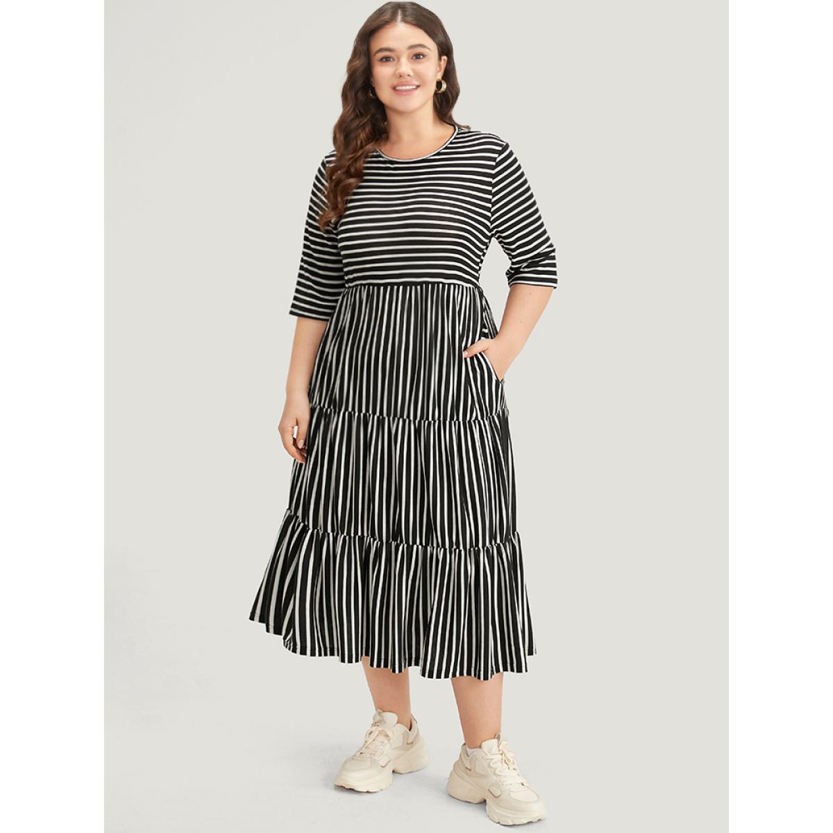 Plus Size Striped Crew Neck Ruffle Layered Hem Dress Black Women Casual Printed Round Neck Half Sleeve Curvy Midi Dress BloomChic 10/M Product Image