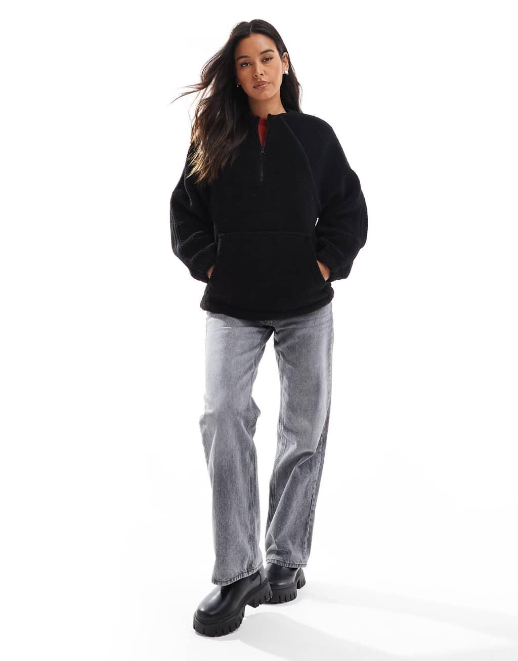 ASOS DESIGN funnel neck borg sweatshirt with seam details in black Product Image