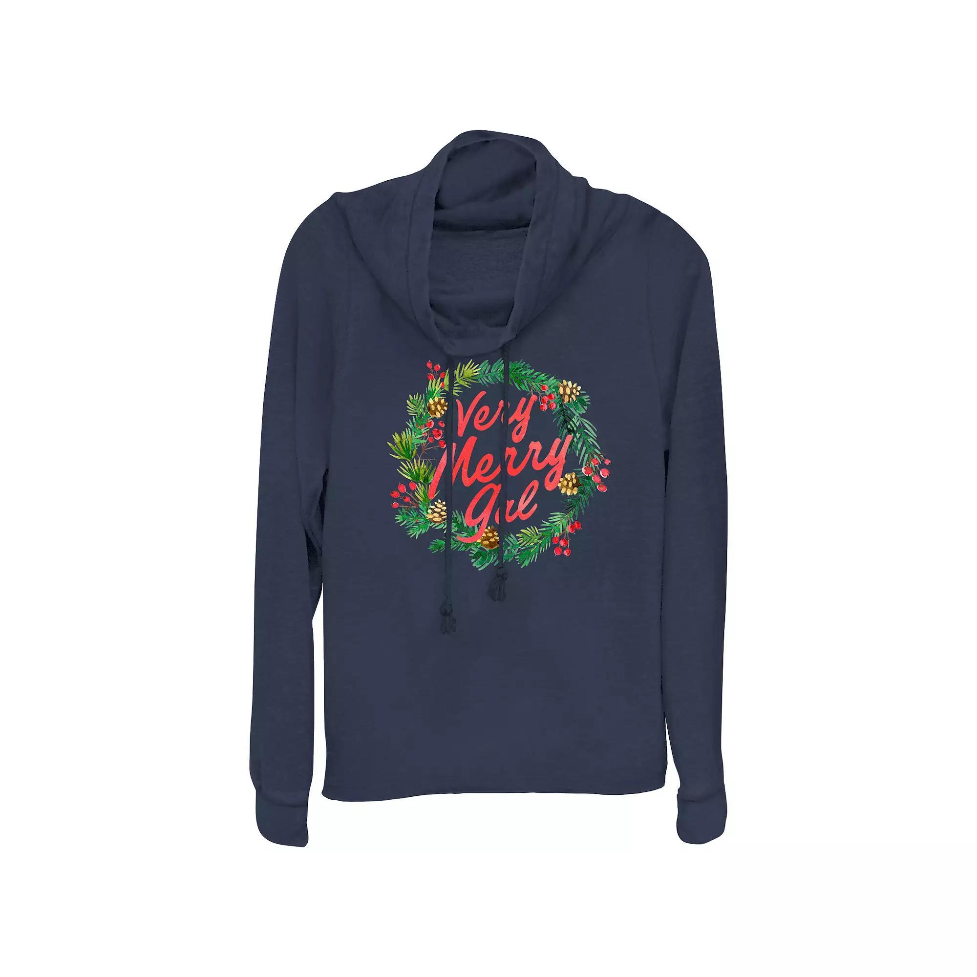 Women's Very Merry Gal Christmas Wreath Cowlneck Graphic Lightweight Long Sleeve, Size: XS, Blue Product Image