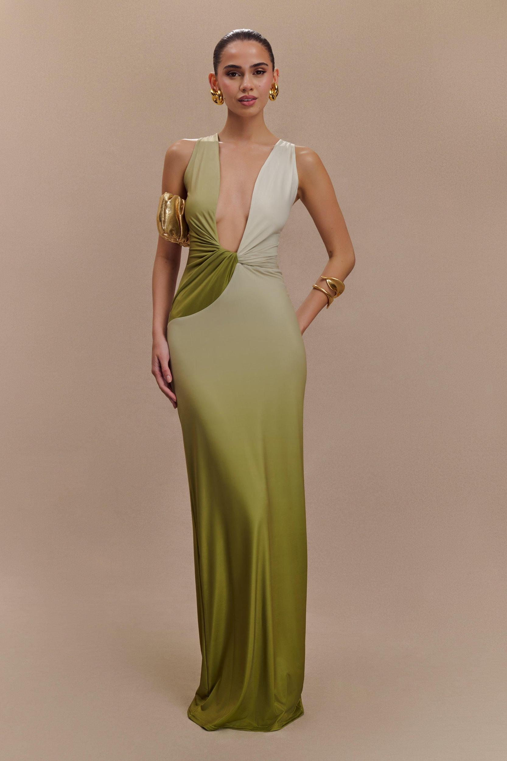 Stella Draped Slinky Maxi Dress - Ombre Vintage Olive Product Image