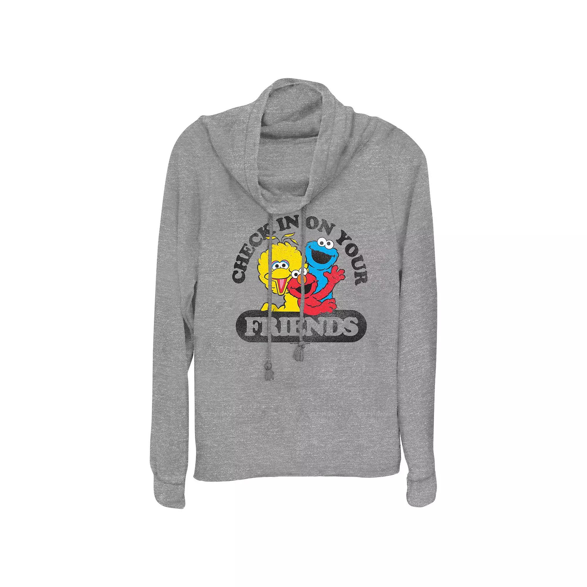Women's PBS Kids Sesame Street Elmo, Big Bird & Cookie Monster Check In On Your Friends Cowlneck Graphic Lightweight Long Sleeve, Size: Small, Gray Grey Product Image
