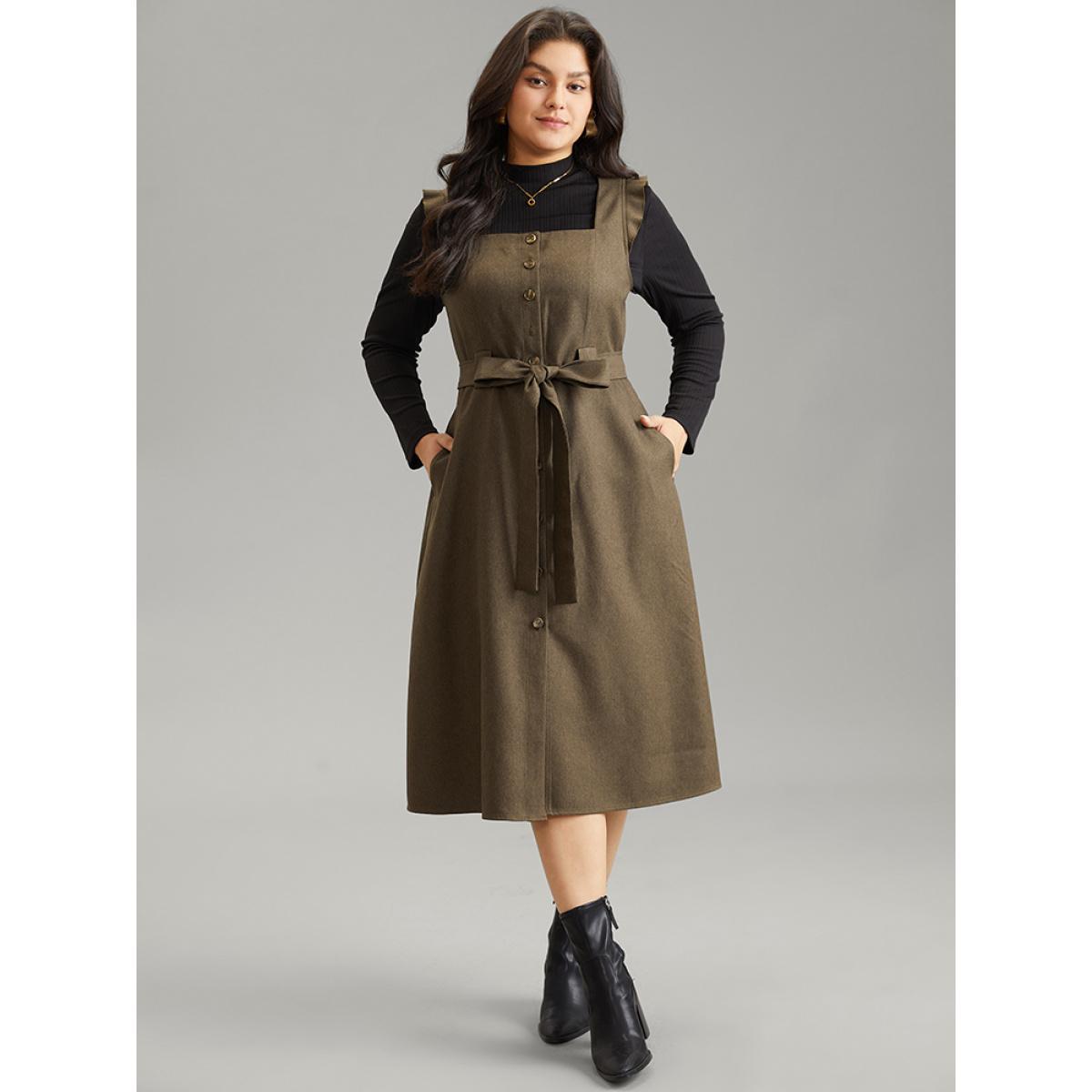 Plus Size Solid Belted Ruffle Trim Button Through Sleeveless Dress ArmyGreen Women Office Plain Square Neck Sleeveless Curvy Midi Dress BloomChic 18-20/2X Product Image