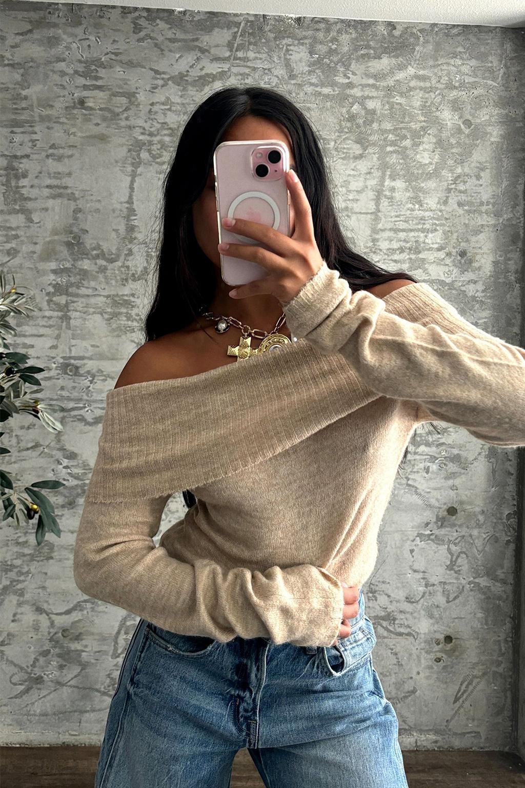 Nora Beige Off the Shoulder Sweater Product Image
