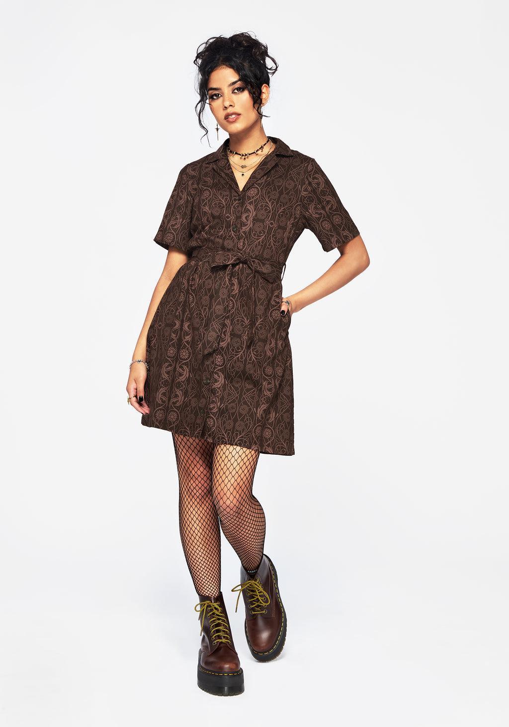 Fianna Button Front Mini Dress - Brown Product Image