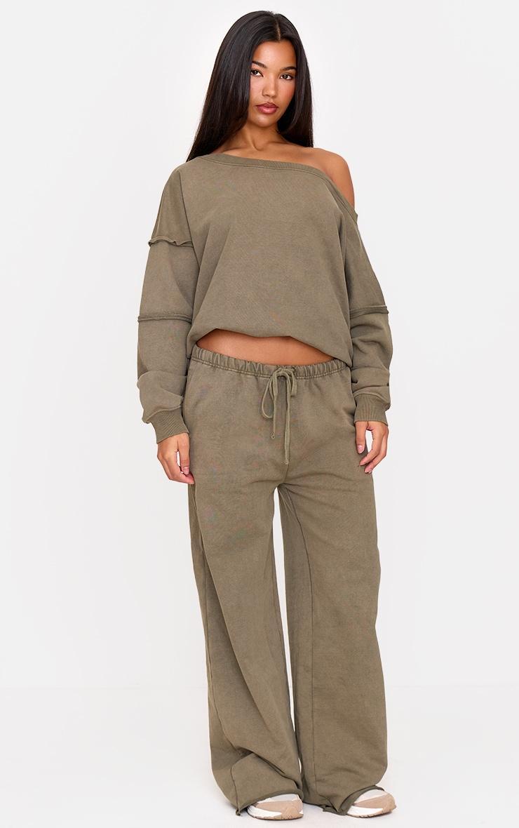 Khaki Washed Embossed Thin Waistband Wide Leg Sweatpants Product Image