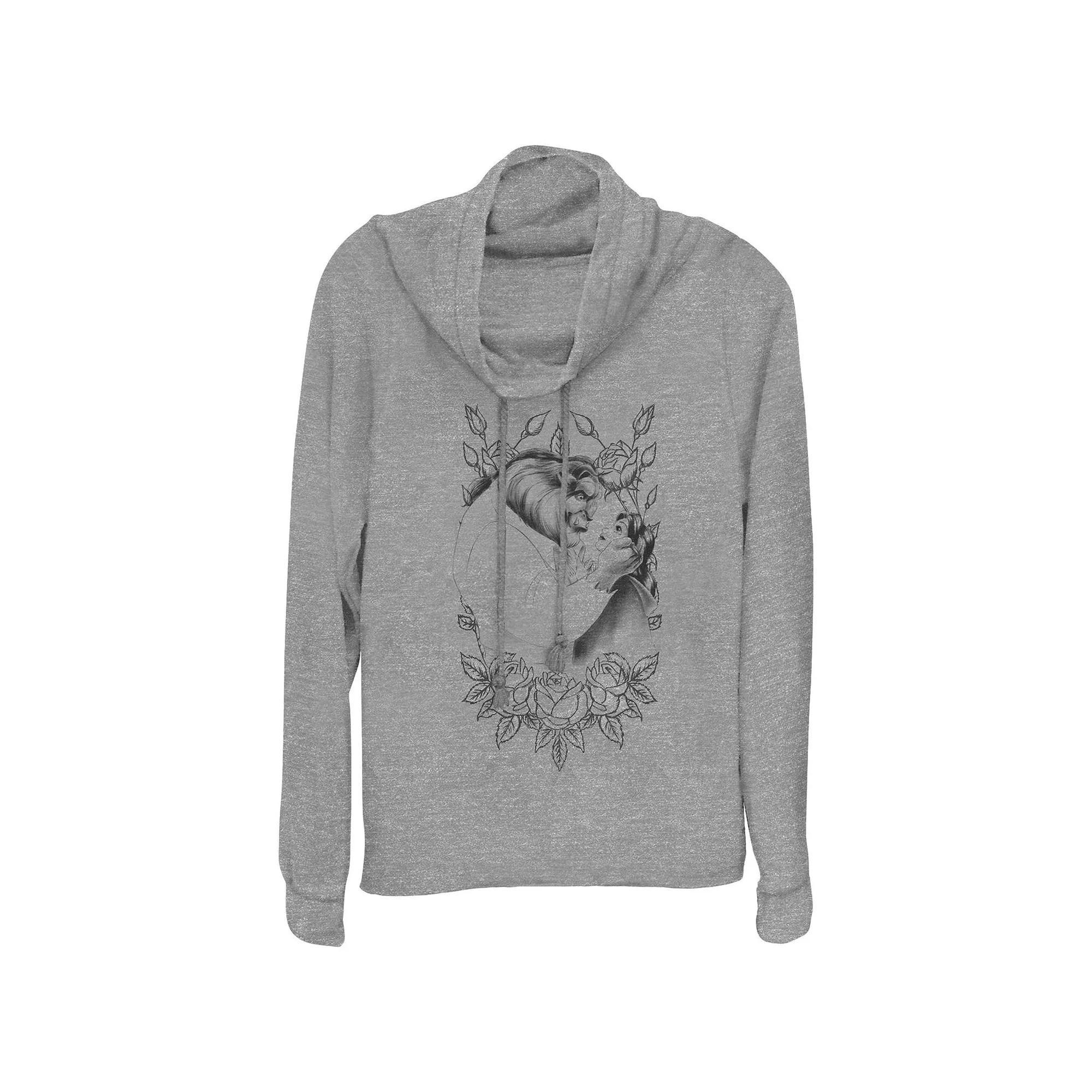 Disney's Beauty And The Beast Belle And Beast Rose Sketch Plus Size Cowlneck Graphic Lightweight Long Sleeve, Women's, Size: 1XL, Gray Grey Product Image