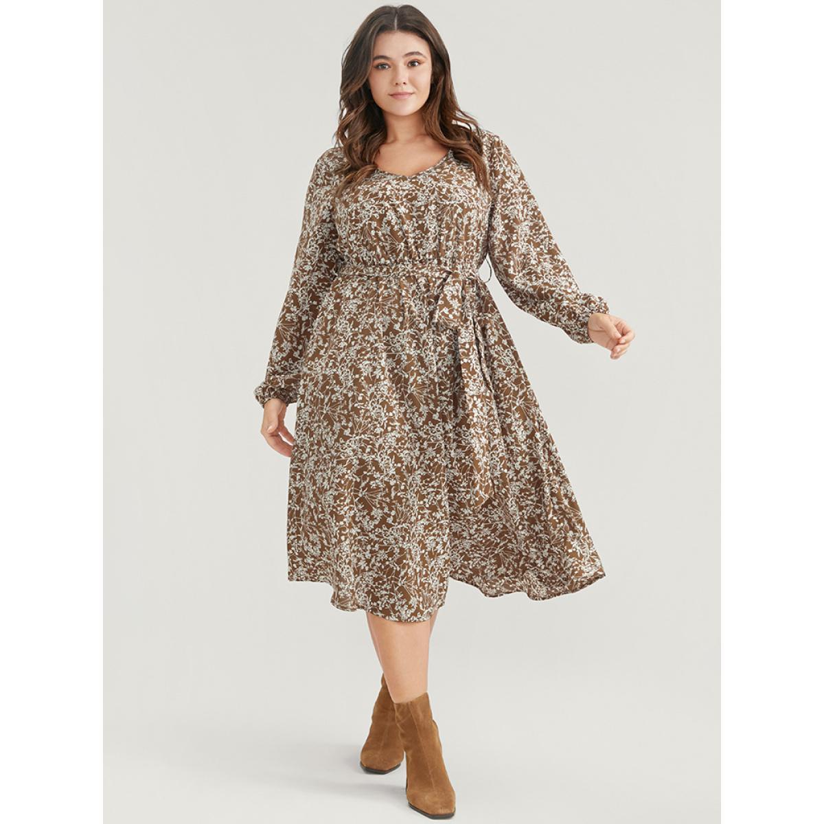 Plus Size Ditsy Floral Lantern Sleeve Pocket Belted Dress Bronze Women Elegant Belted V-neck Long Sleeve Curvy Midi Dress BloomChic 22-24/3X Product Image