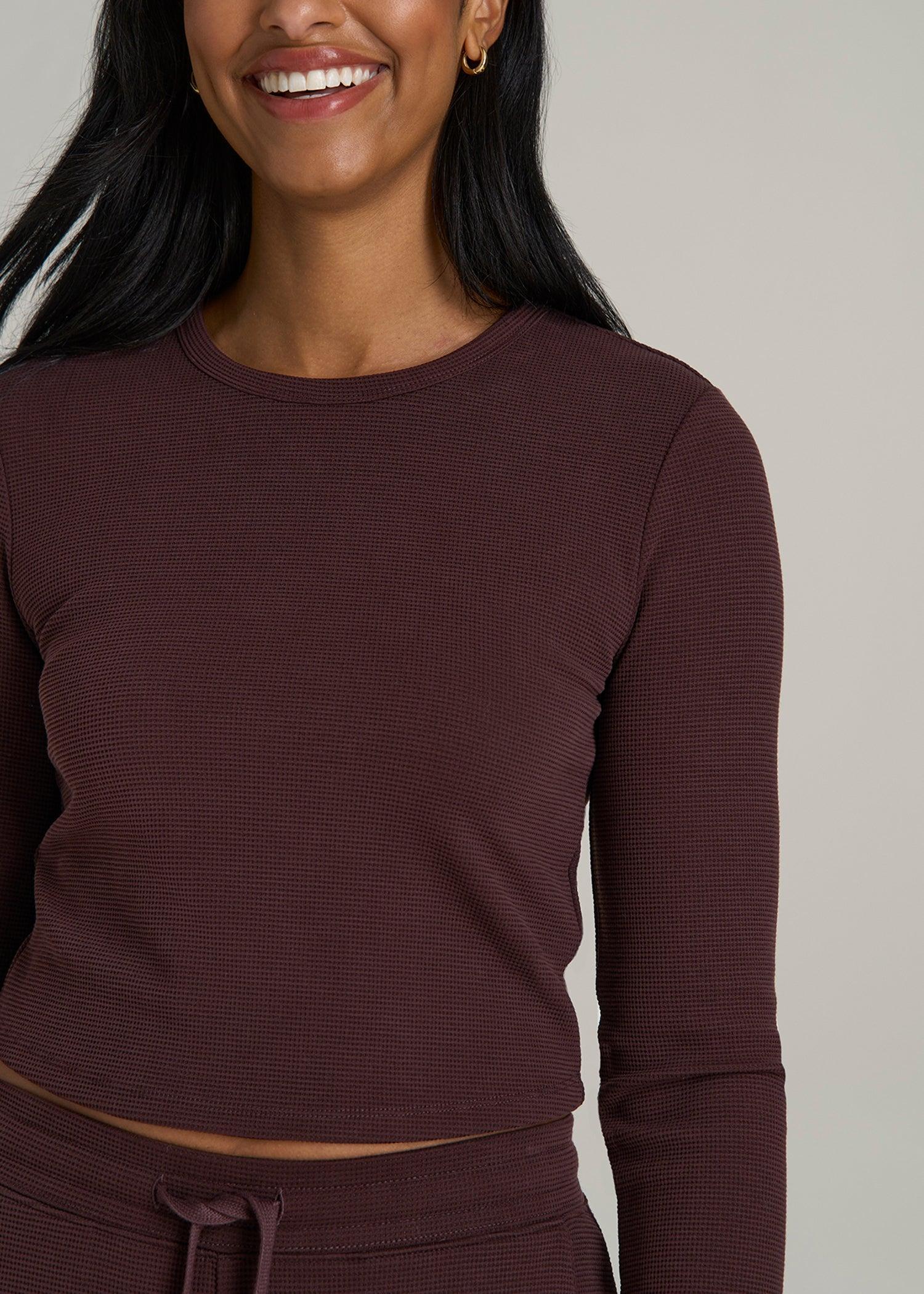 Cropped Long Sleeve Waffle Shirt for Tall Women in Oxblood Product Image