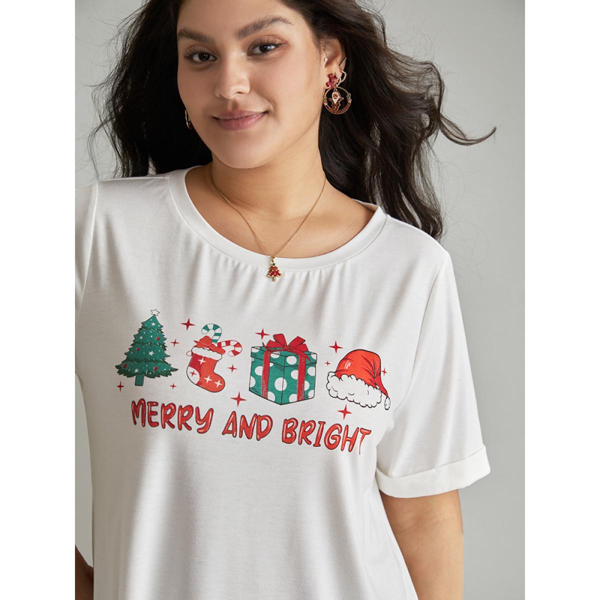 Plus Size Christmas Print Round Neck T-shirt White Women Casual Printed Christmas Festival-Christmas T-shirts BloomChic 26/4X Product Image
