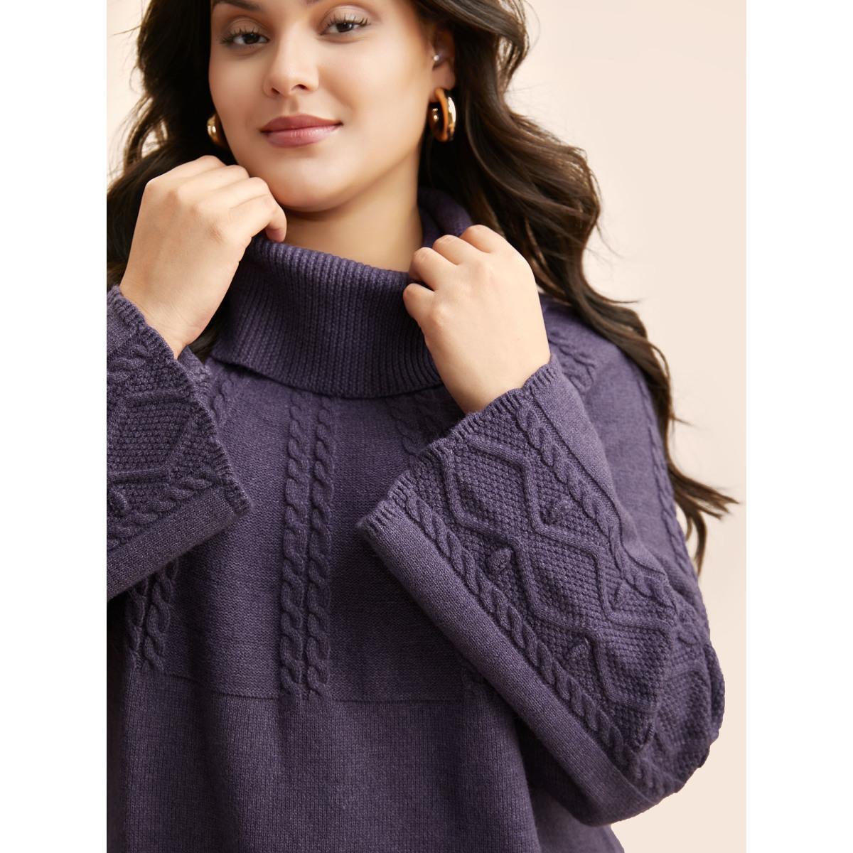 Plus Size Turtleneck Texture Cable Knit Pullover Eggplant Women Casual Long Sleeve Turtleneck Everyday Pullovers BloomChic 26/4X Product Image