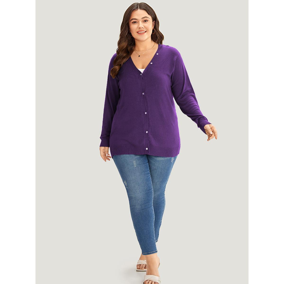 Plus Size Supersoft Essentials Plain Button Detail Very Stretchy Cardigan Blackcurrant Women Casual Loose Long Sleeve Everyday Cardigans BloomChic 12/L Product Image