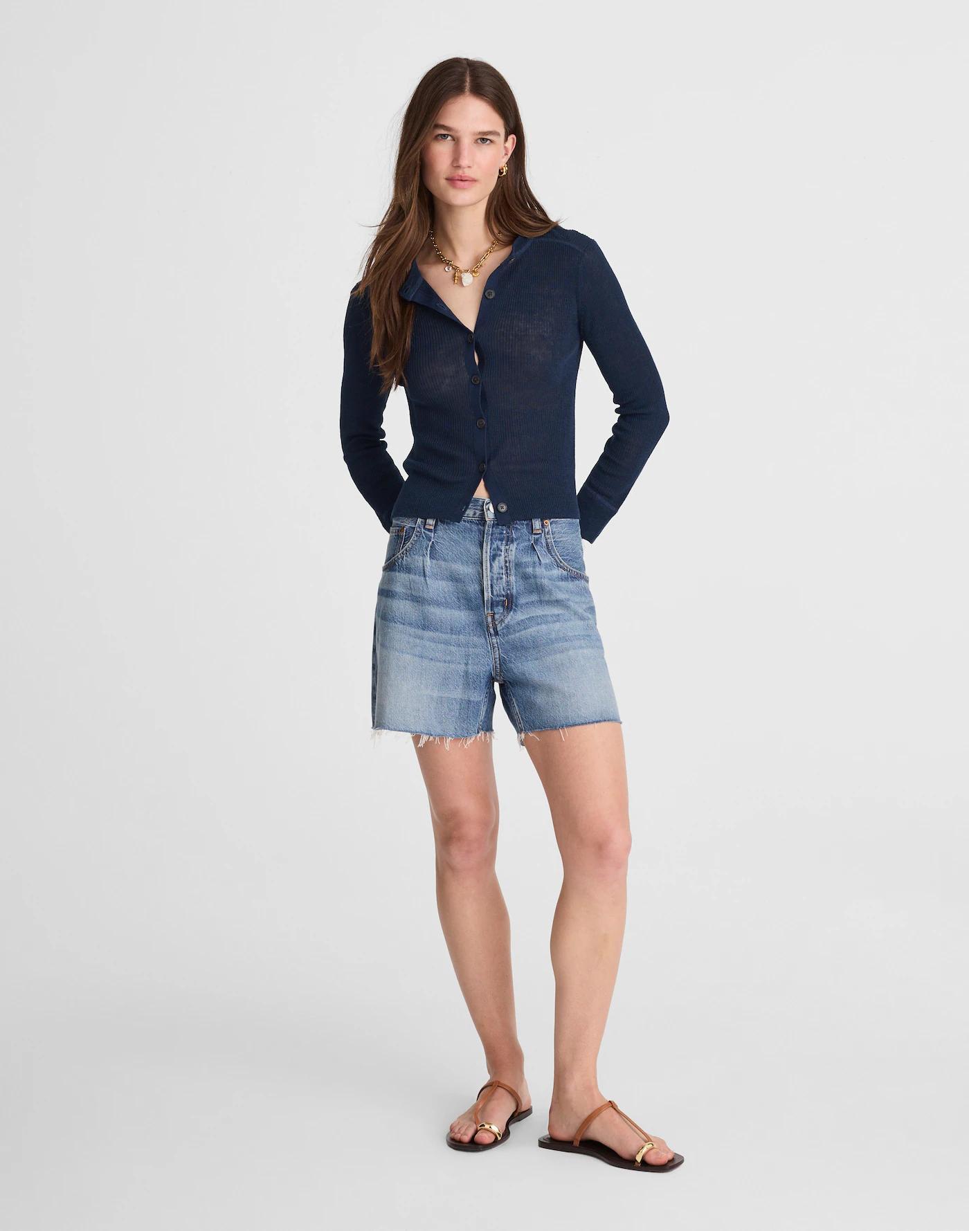 Linen-Blend Crewneck Cardigan Product Image