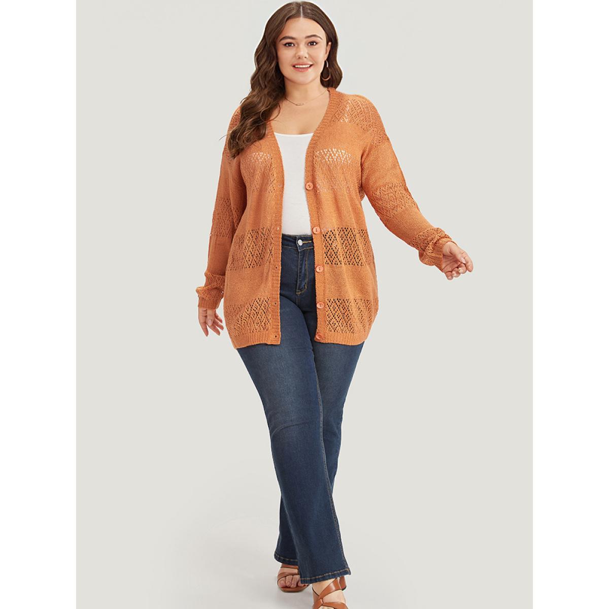 Plus Size Plain Geometric Eyelet Button Through Loose Cardigan Orange Women Casual Loose Long Sleeve Dailywear Cardigans BloomChic 18-20/2X Product Image