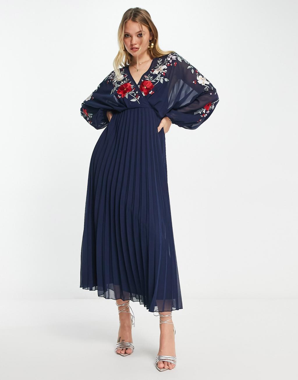 ASOS DESIGN embroidered blouson open back pleated midi dress Product Image