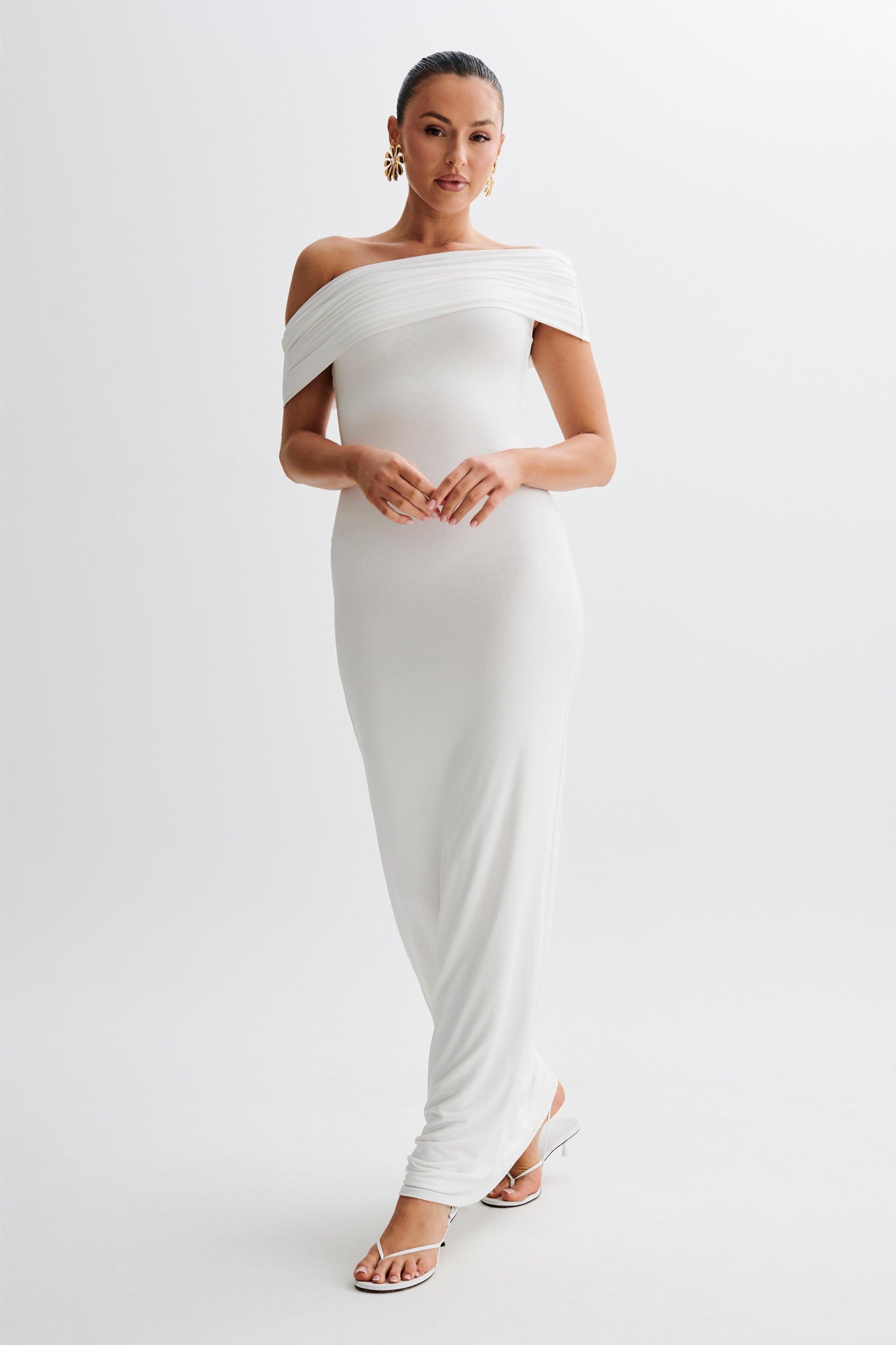 Cassandra Off Shoulder Slinky Maxi Dress - White Product Image