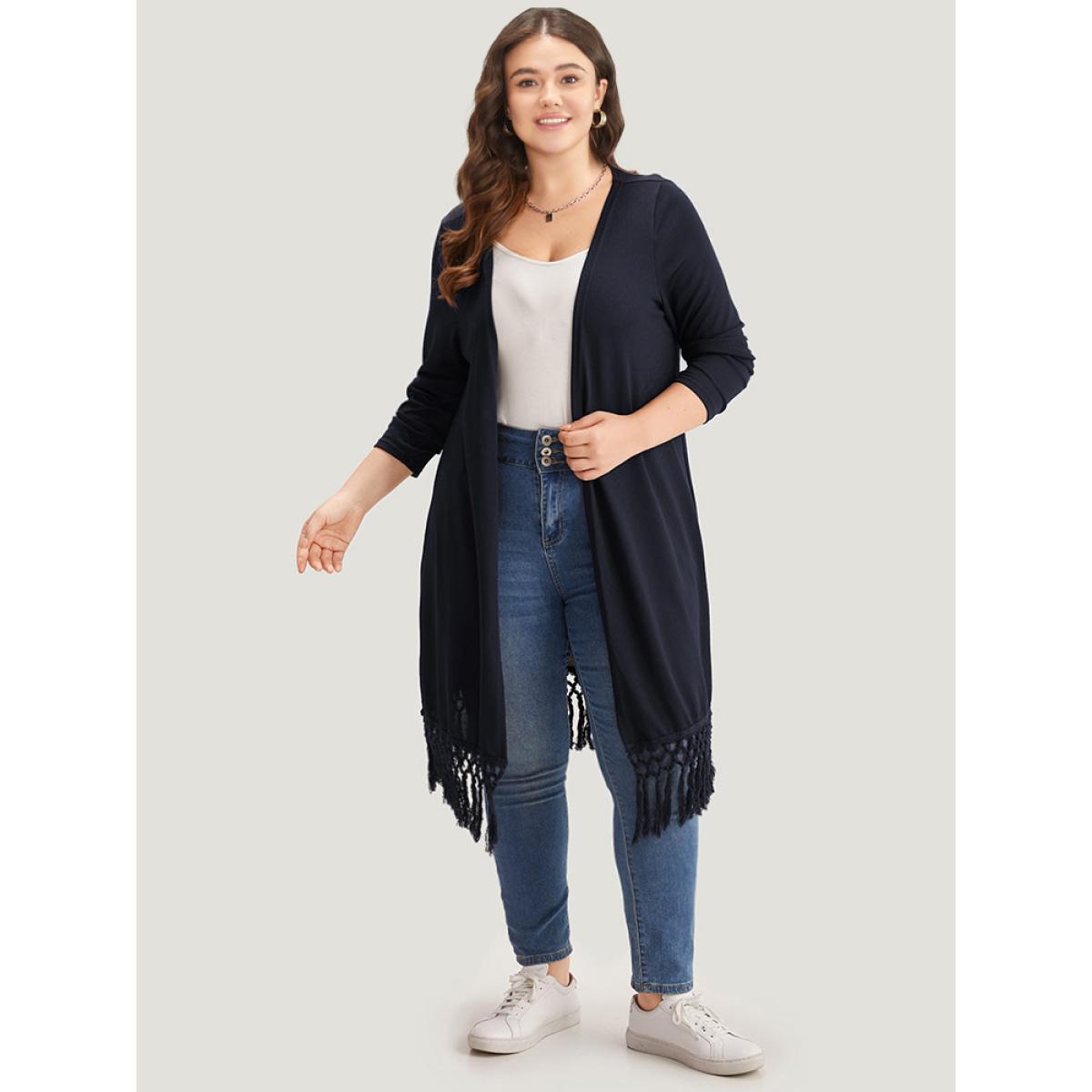 Plus Size Plain Patchwork Open Front Tassel Trim Kimono Women DarkBlue Casual Tassels Dailywear Kimonos BloomChic 14-16/1X Product Image