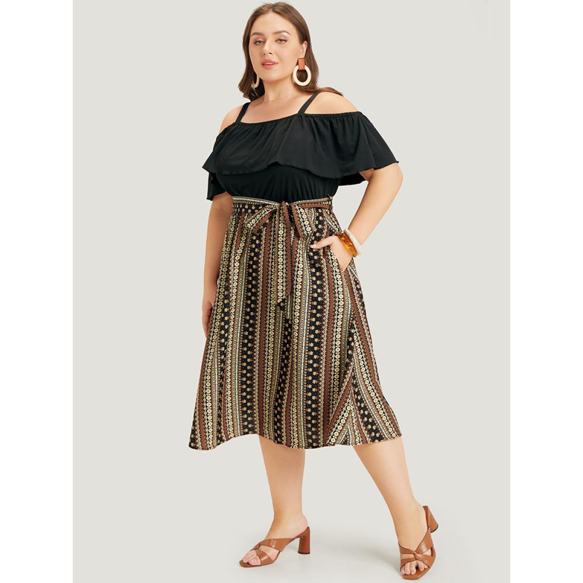 Plus Size Bandana Patchwork Flutter Pocket Belt Cold Shoulder Dress DarkBrown Women Vacation Adjustable Straps Spaghetti Strap Short sleeve Curvy Midi Dress BloomChic 22-24/3X Product Image