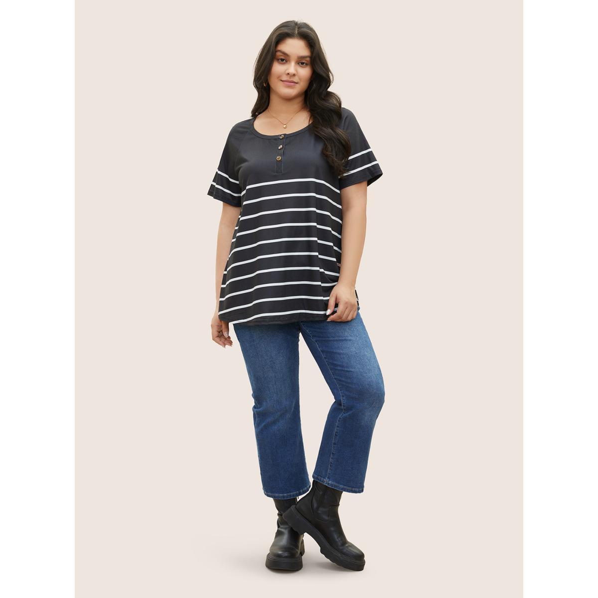 Plus Size Striped Print Raglan Sleeve Button Up T-shirt Black Women Casual Contrast Striped Round Neck Everyday T-shirts BloomChic 14-16/1X Product Image