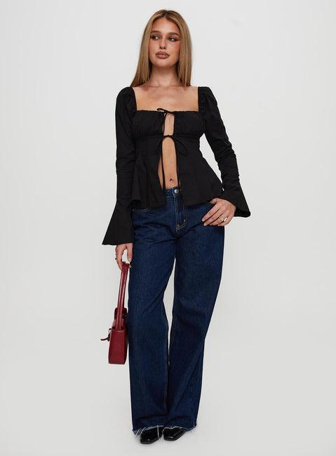 Lilibette Tie Up Long Sleeve Top Black Product Image