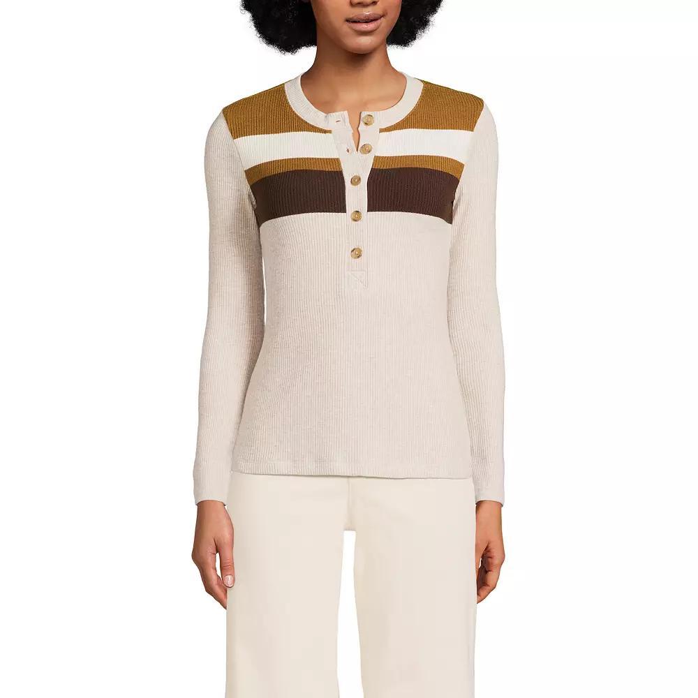 Women's Lands' End Long Sleeve Cozy Rib Henley Top, Size: Large, Coriander Stripe Product Image