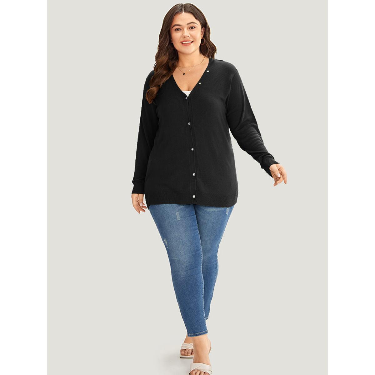 Plus Size Supersoft Essentials Plain Button Detail Very Stretchy Cardigan Black Women Casual Loose Long Sleeve Everyday Cardigans BloomChic 28/5X Product Image