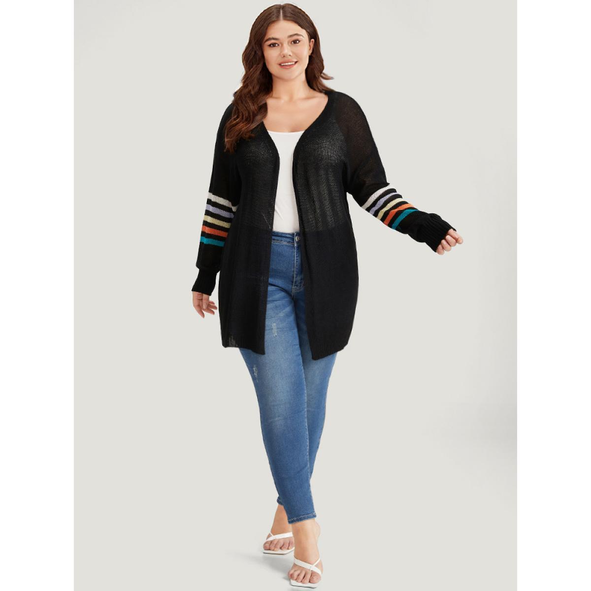 Plus Size Rainbow Striped Open Front Drop Shoulder Cardigan Black Women Casual Loose Long Sleeve Dailywear Cardigans BloomChic 10/M Product Image