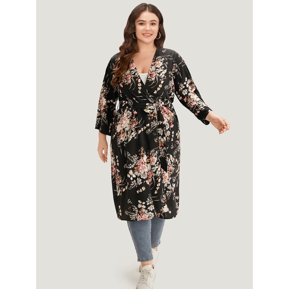 Plus Size Boho Print Belted Open Front Kimono Women BlackFlower Casual Belted Belt Dailywear Kimonos BloomChic 12/L Product Image