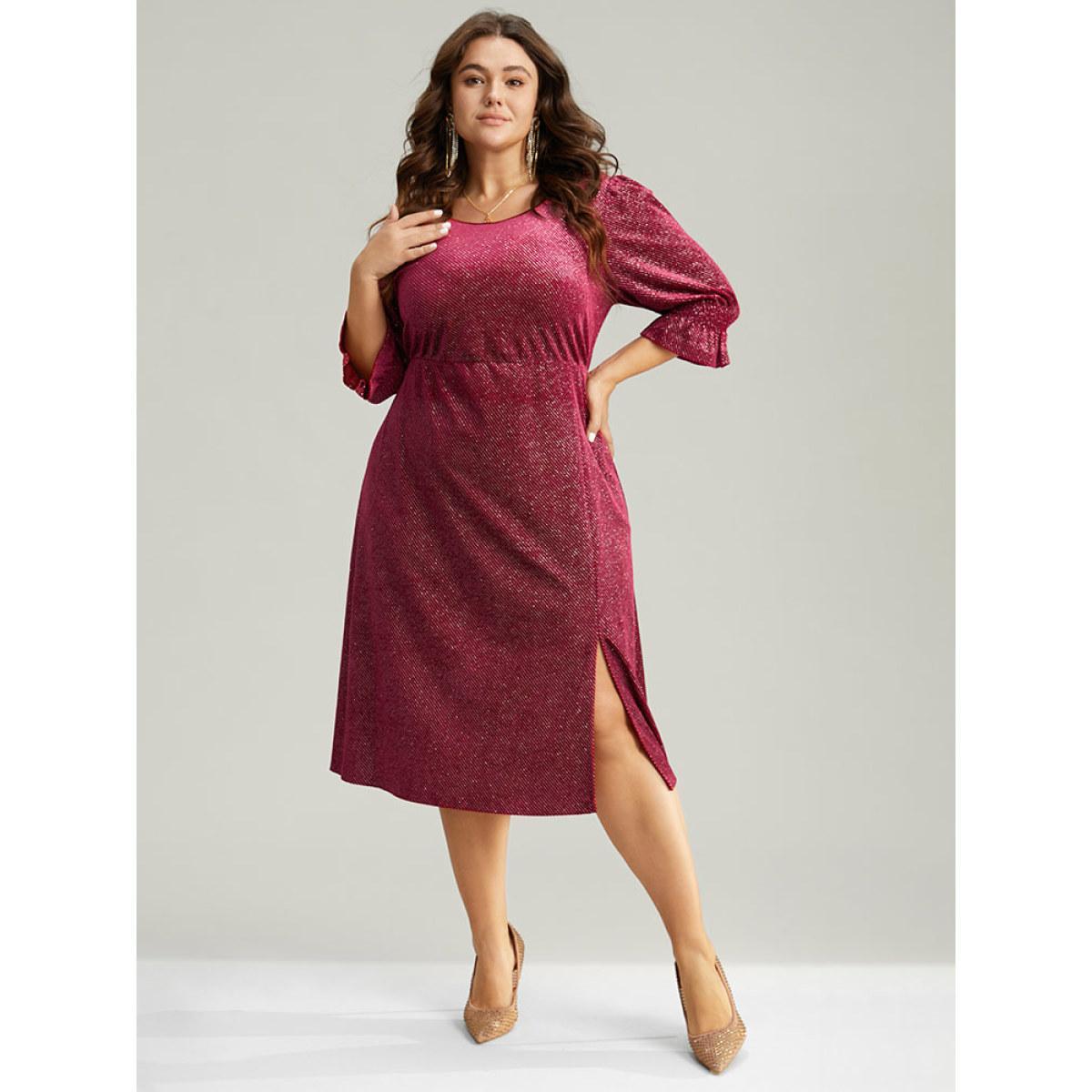 Plus Size Plain Velvet Glitter Split Hem Shirred Dress Scarlet Women Glamour Velvet Round Neck Half Sleeve Curvy Midi Dress BloomChic 14-16/1X Product Image