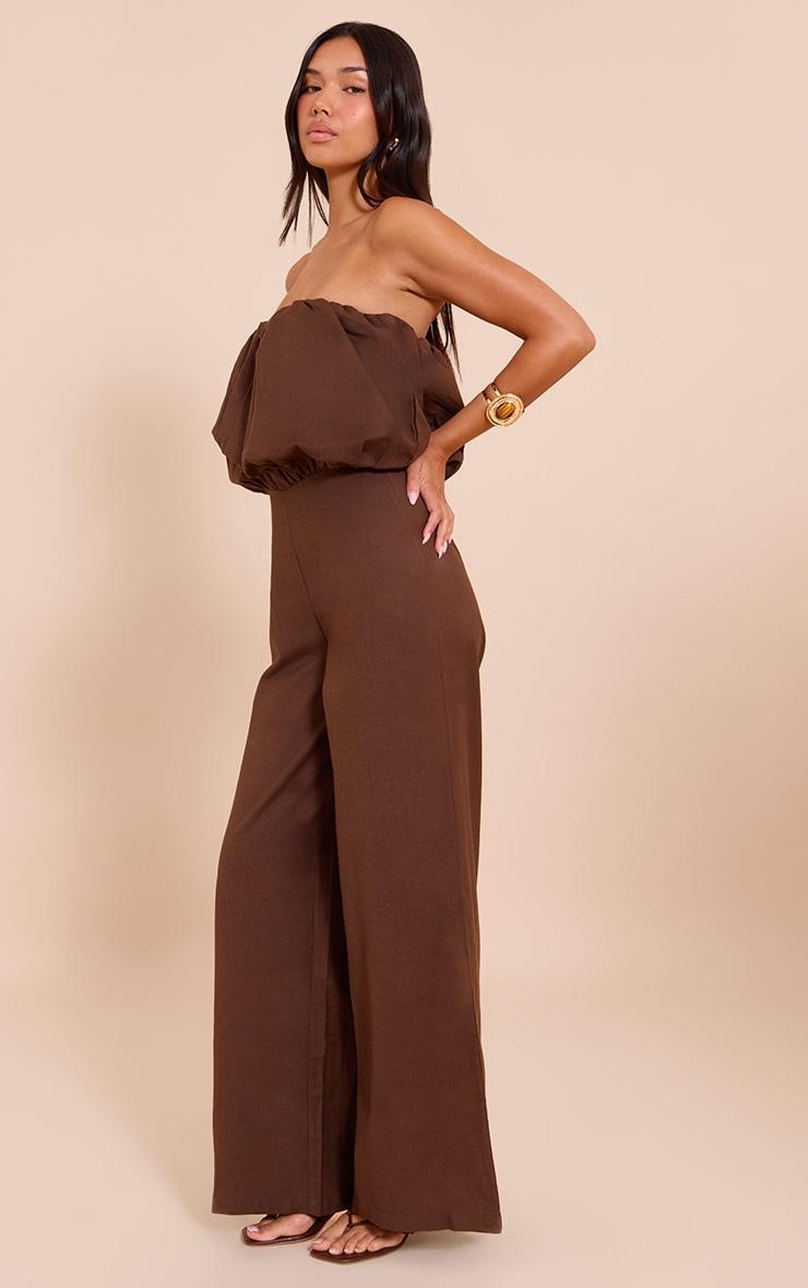  Dark Chocolate Cotton Puffball Bandeau Straight Leg Jumpsuit Product Image