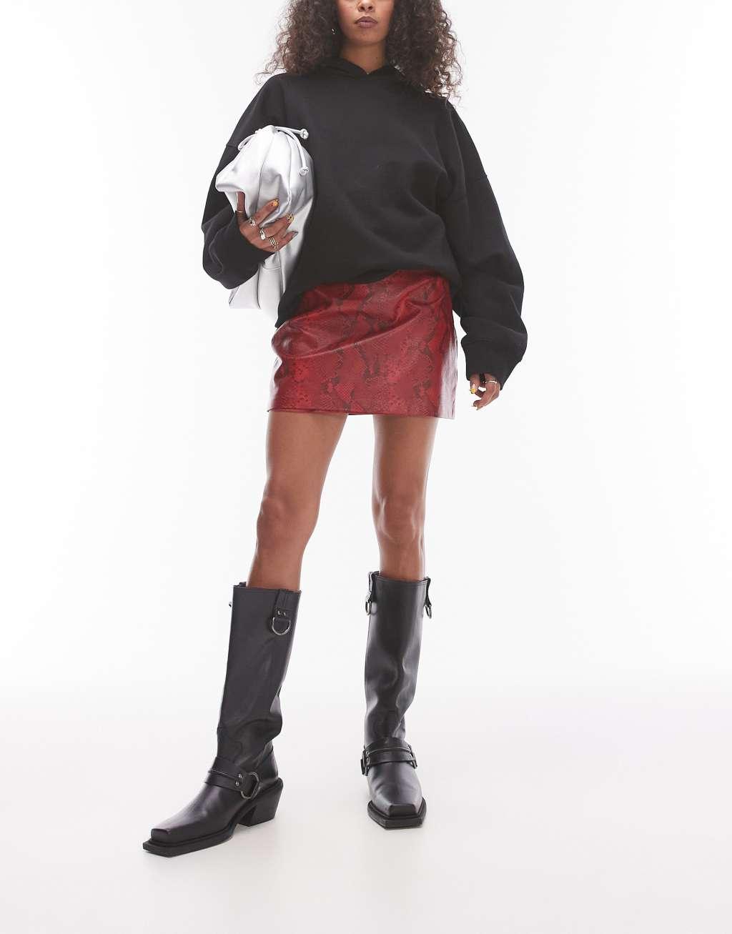 Topshop faux leather pelmet skirt in red snake Product Image