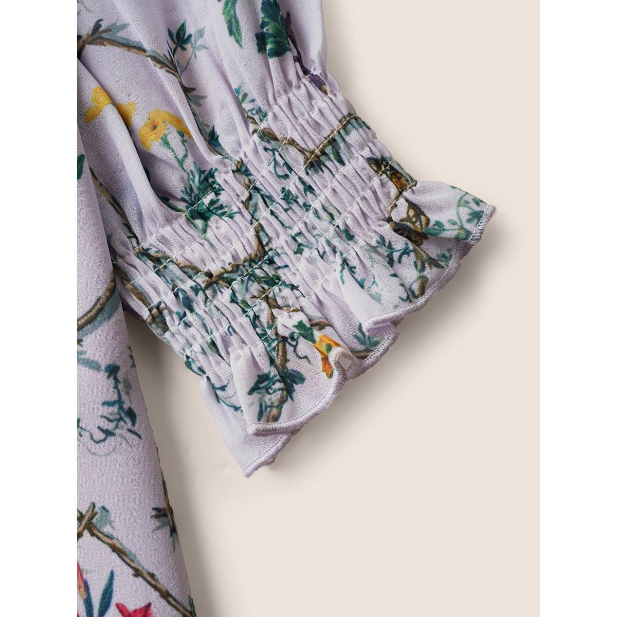 Plus Size Lavender Boho Print Lantern Sleeve Ruffle Trim Blouse Women Elegant Elbow-length sleeve V-neck Everyday Blouses BloomChic 18-20/2X Product Image