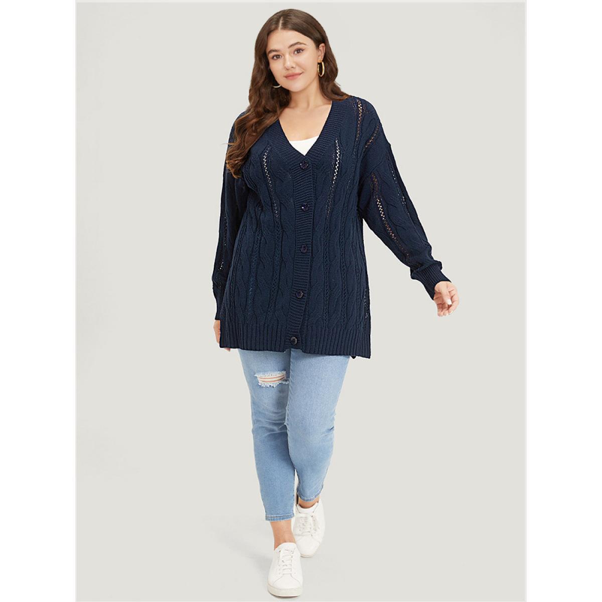Plus Size Plain Button Up Cable Knit Split Side Cardigan Indigo Women Casual Loose Long Sleeve Everyday Cardigans BloomChic 28/5X Product Image